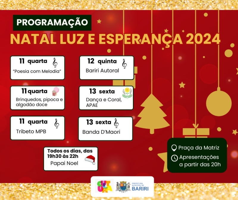 A programação vai de 11 a 23 de dezembro, das 20h às 22h, na Praça da Matriz. Já o Papai Noel estará na Praça a partir das 19h30 em todos os dias